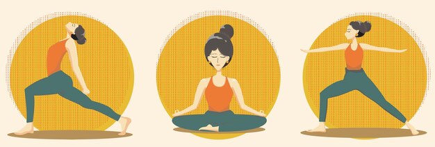 3 Yoga poses of a woman flat character vector illustrations