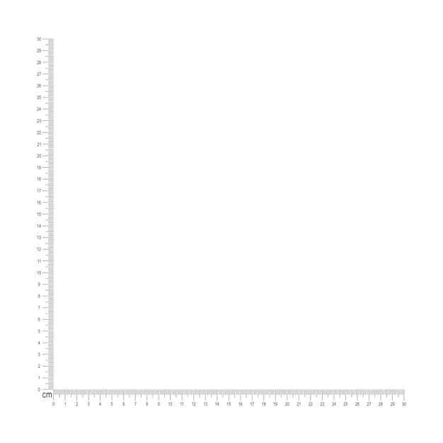 30 centimeters corner ruler scale template. Angle measuring tool with cm and mm markup and numbers