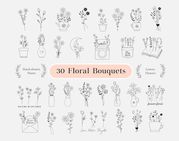 Набор из 30 цветочных букетов. цветы рисованной, минималистский, полевые цветы венок, полевые растения, цветочный горшок для логотипа, печать, крикут, свадебная открытка. векторная иллюстрация