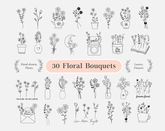 Pacchetto di 30 mazzi floreali. fiori disegnati a mano, minimalista, ghirlanda di fiori di campo, piante da campo, vaso di fiori per logo, stampa, cricut, partecipazione di nozze. illustrazione vettoriale