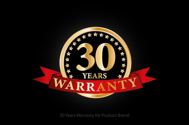 30 jaar gouden garantie-logo met ring en rood lint geïsoleerd op zwarte achtergrond