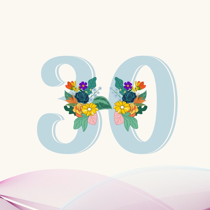 Vector 30 jaar oud logo 30e verjaardag nummers leeftijd feliciteert met bloemen en bladeren