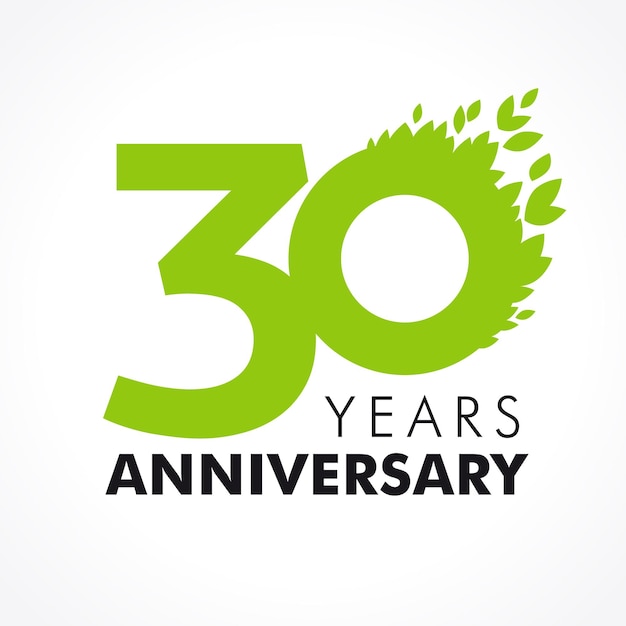 30 jarig jubileum nummers. 30 jaar oud logo. Heilwens concept met bladeren. 30 procent korting