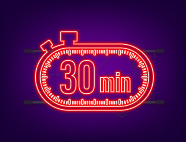 The 30 minutes, stopwatch vector neon icon. Stopwatch icon in flat style, timer on on color background. Vector illustration.