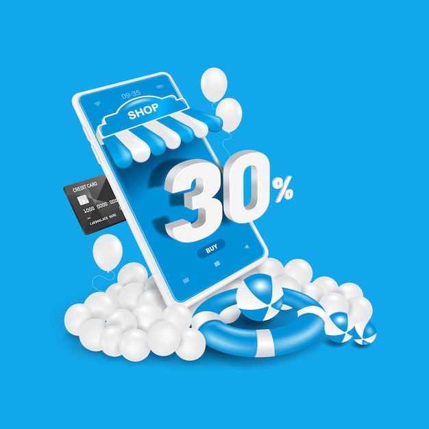 30 off 3d text floats on smartphone shop screen and credit cards are inserted to side smartphone shop and all floats on white balloons with lifebuoys for online shopping summer sale concept design