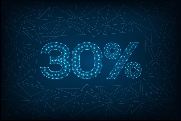 30 percent discount sale futuristic polygonal digital wireframe connected dots on blue background