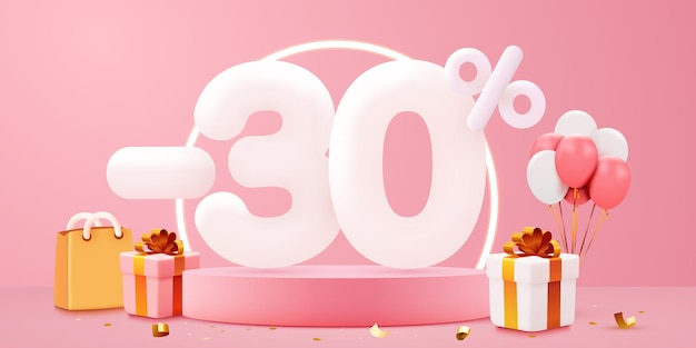 30 percent Off Discount creative composition Sale symbol with decorative objects balloons and gift box Sale banner and poster