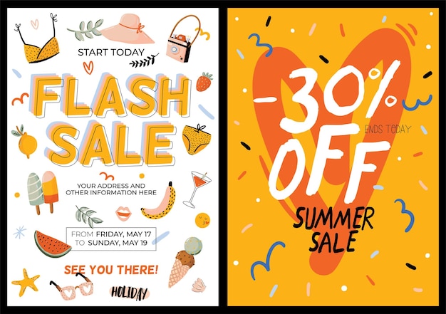 30 percent off and summer flash sales poster illustration with nature and beach elemants design