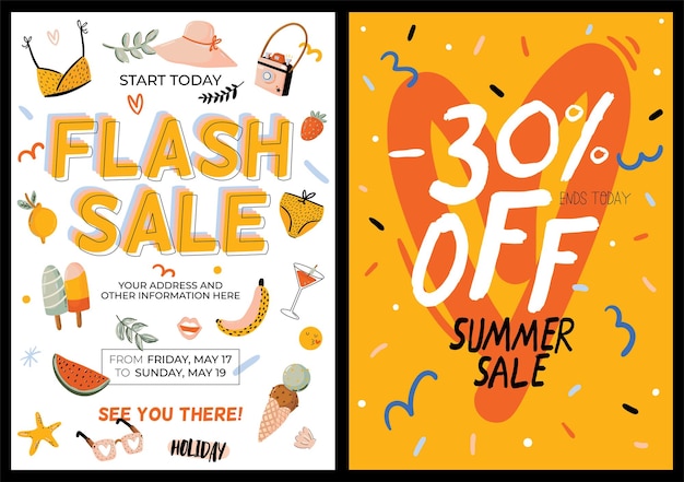 30 percent off and summer flash sales poster illustration with
nature and beach elemants design