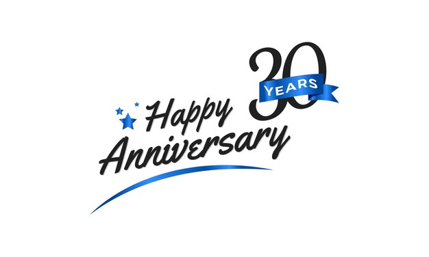 30 year anniversary celebration with blue swoosh and blue ribbon symbol template design illustration