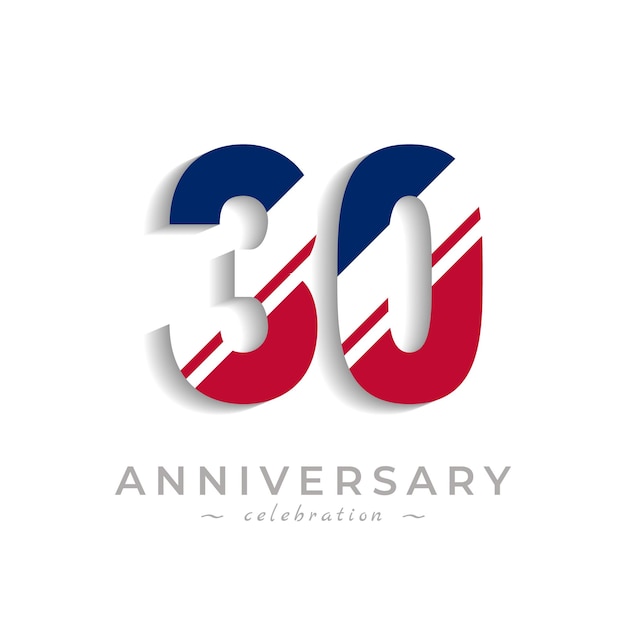 30 Year Anniversary Celebration with White Slash in Red and Blue American Flag Color