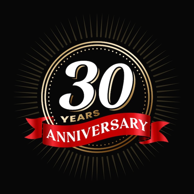 벡터 30주년 기념 로고 디자인: 빨간색 리본과 황금색 반이는 원의 축하 요소