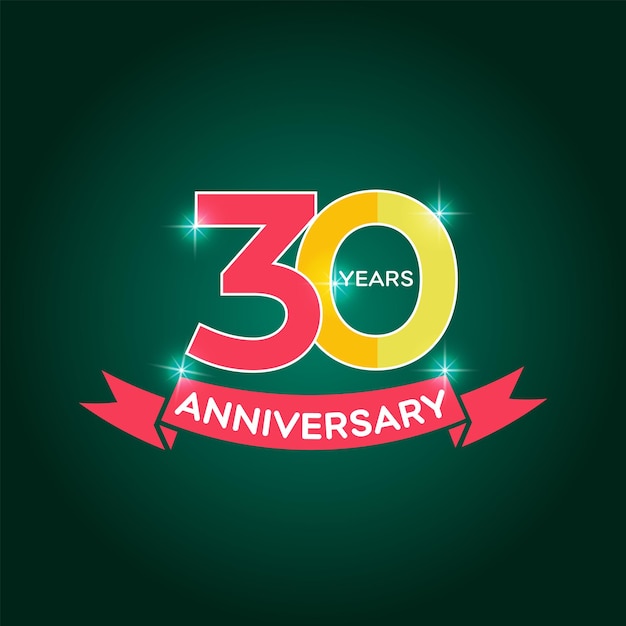 30 years anniversary logo with red ribbon icon flat 30th year's birthday party sign