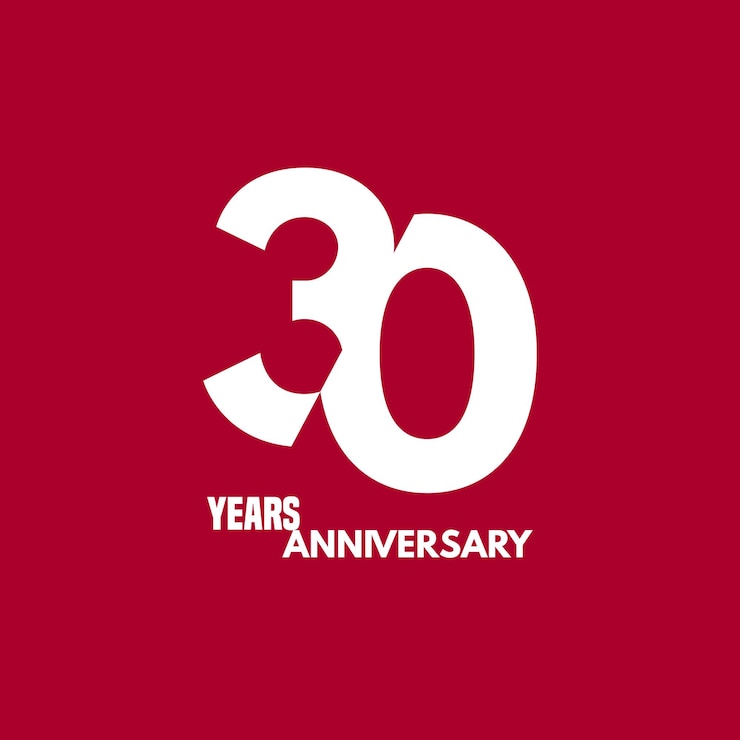 Vector 30周年記念ベクトルアイコン、ロゴ。 30周年記念の数字とテキストの構成を持つデザイン要素