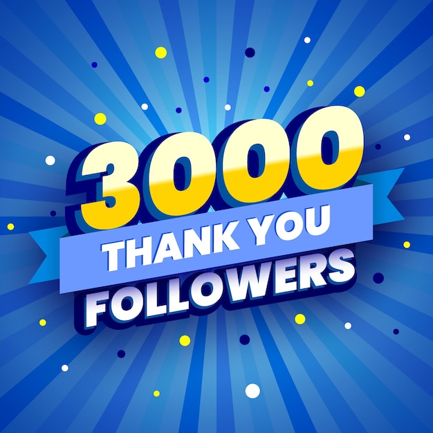 3000 followers colorful banner with blue ribbon