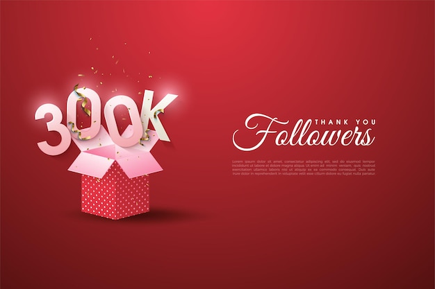 Vector 300k followers with illustrated numbers on open gift boxes.