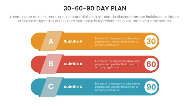 306090 day plan management infographic 3 point stage template with long round rectangle shape concept for slide presentation vector