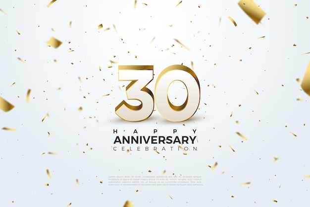 30ste verjaardag achtergrond met vliegende kleine gouden papieren illustraties