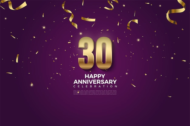 30th anniversary on purple background with golden ribbon rain