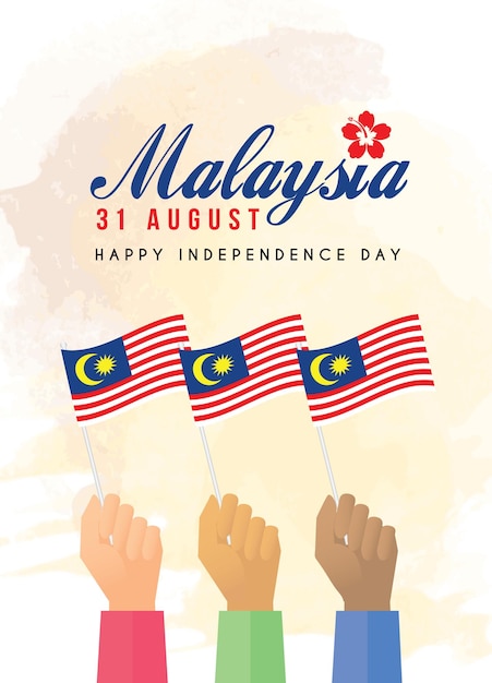 벡터 8월 31일 - 말레이시아 독립 기념일. 국기를 들고 있는 말레이시아 시민.