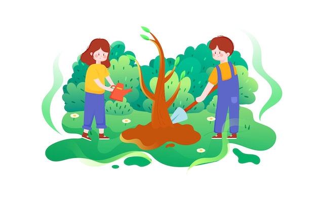 Vettore 312 illustrazione del lavoro del lavoro del personaggio di arbor day che si prende cura del poster dell'ambiente