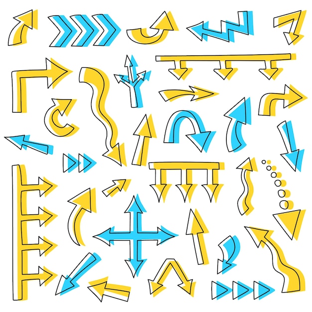 32 hand drawn outline arrows different shape. Yellow and blue doodle arrow marks