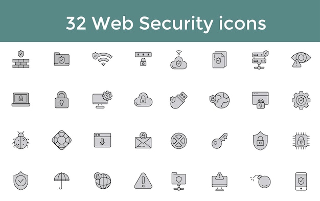 32 Vector Web Security Icons Set Cybersecurity Gegevensbescherming Encryptie Firewall