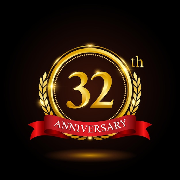32e gouden jubileum sjabloonontwerp met glanzende ring en rood lint lauwerkrans geïsoleerd op zwarte achtergrond logo vector