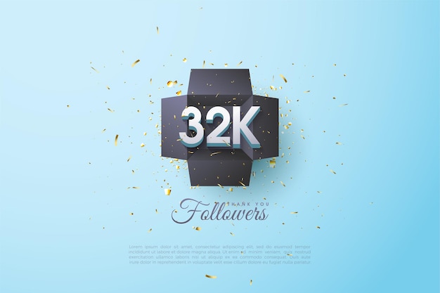 32k followers background with illustration of numbers and gift box