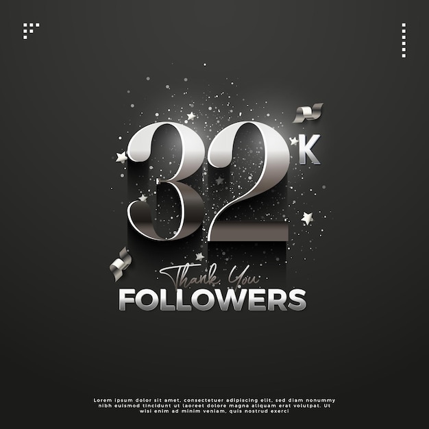 32k followers celebration with realistic black ribbon decoration design premium vector