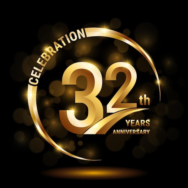 32th Anniversary Celebration logo-ontwerp met gouden ring en gouden nummer Logo Vector Template
