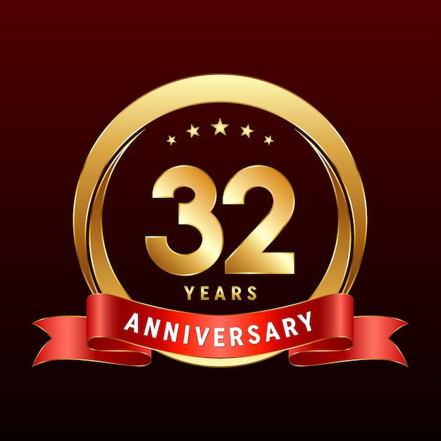 ゴールデン リングと赤いリボンの 32 周年記念ロゴ デザイン ロゴ ベクトル テンプレート イラスト