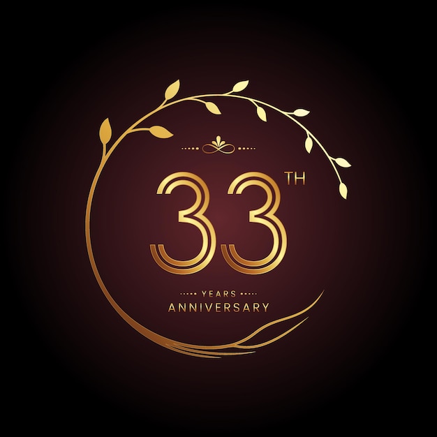 33-jarig jubileumlogo-ontwerp met een gouden getal en cirkelvormig boomconcept