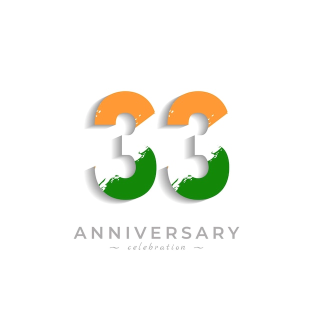 黄色のサフランと緑のインドの旗の色のブラシホワイトスラッシュで33周年記念のお祝い