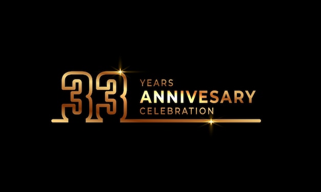 Vector 33 year anniversary celebration with golden color one connected line isolated on dark background