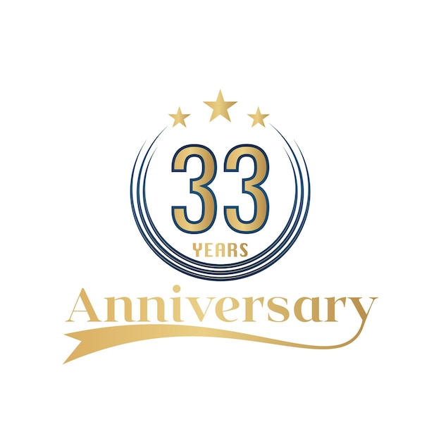 Vector 33 year anniversary vector template design illustration. gold and blue color design with ribbon