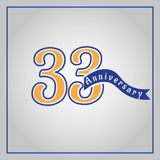 Vector 33 years anniversary celebration logotype colored with yellow and blue, using blue ribbon vector.