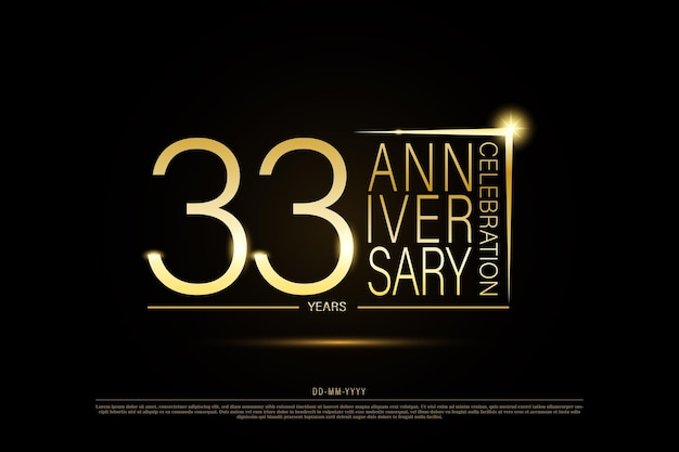Vector 33 years anniversary golden gold logo on black background, vector design for celebration.