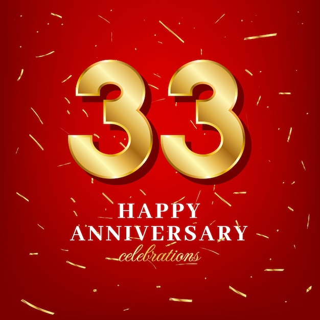 33rd anniversary vector template with a golden number and golden confetti spread on a red background