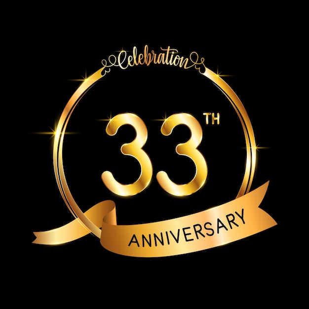 33th Anniversary template design with gold color ribbon and ring Logo Vector Template