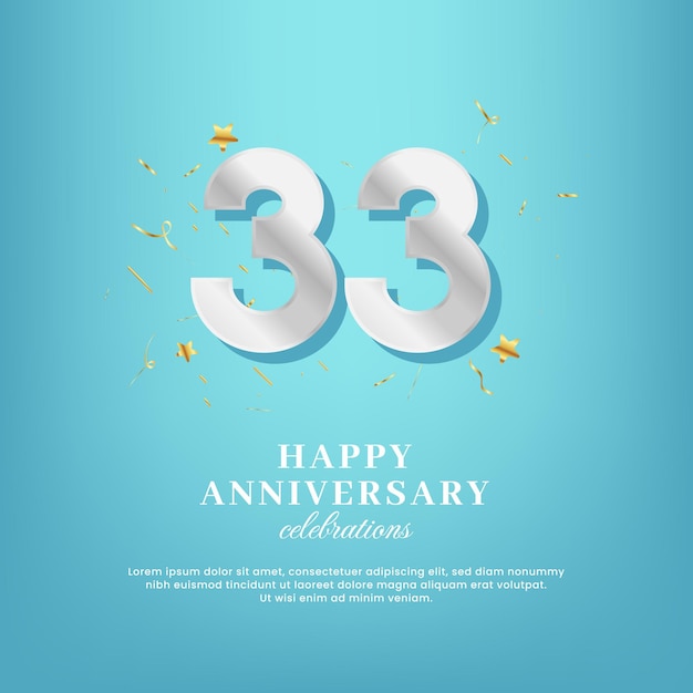 33th anniversary vector template with a white number and confetti spread on a gradient background