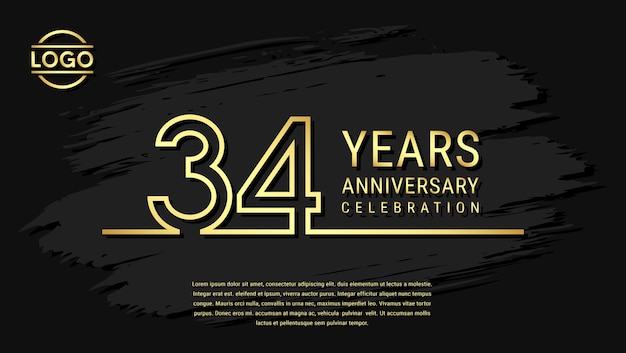 34 jaar jubileum viering verjaardag viering sjabloonontwerp met gouden kleur geïsoleerd op zwarte borstel achtergrond vector sjabloon illustratie