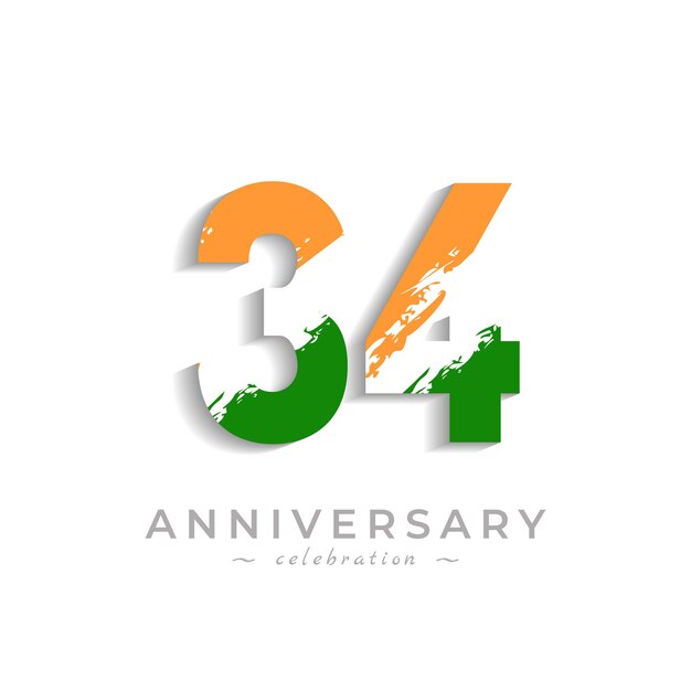 34 Year Anniversary Celebration with Brush White Slash in Yellow Saffron and Green Indian Flag Color