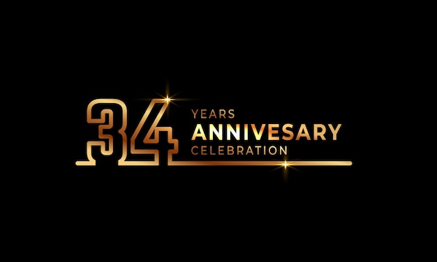 34 Year Anniversary Celebration with Golden Color One Connected Line Isolated on Dark Background