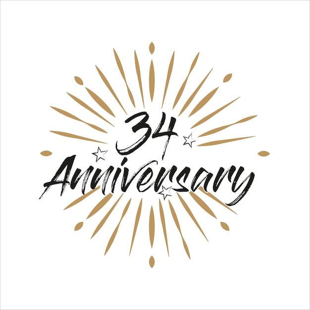 Vector 34 years anniversary retro template. vintage logo 34th years with ribbon and fireworks vector design