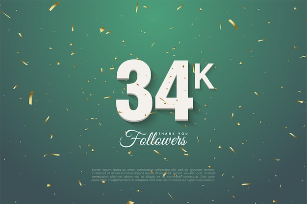 34k followers on green background with light effect.