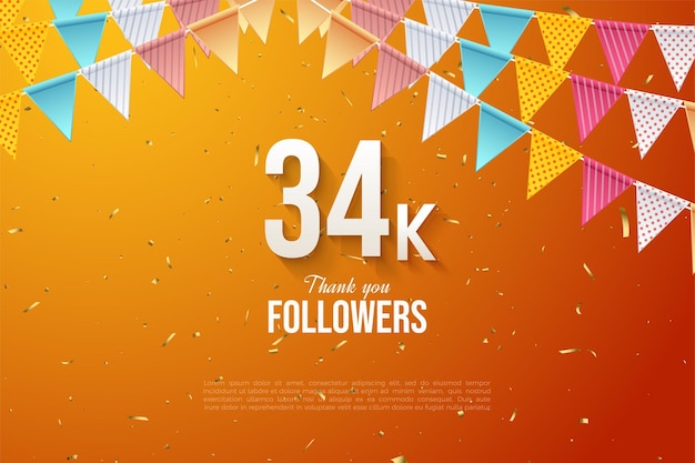 34k followers with celebratory curtain decoration.