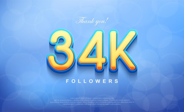 34k nummer voor het bedanken van volgers unieke bokeh blauwe achtergrond