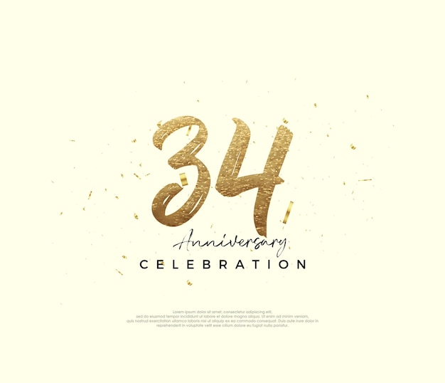 34th anniversary celebration with gold glitter numbers Premium vector background for greeting and celebration