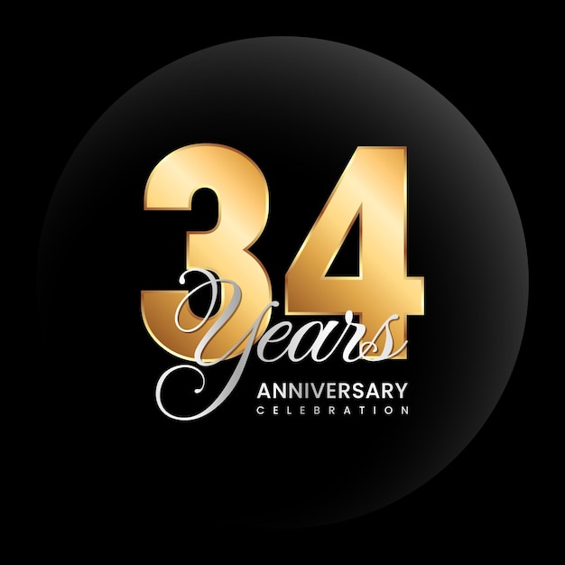 34 周年記念ロゴ シルバー色のテキストと黄金の数 ロゴ ベクトル テンプレート イラスト